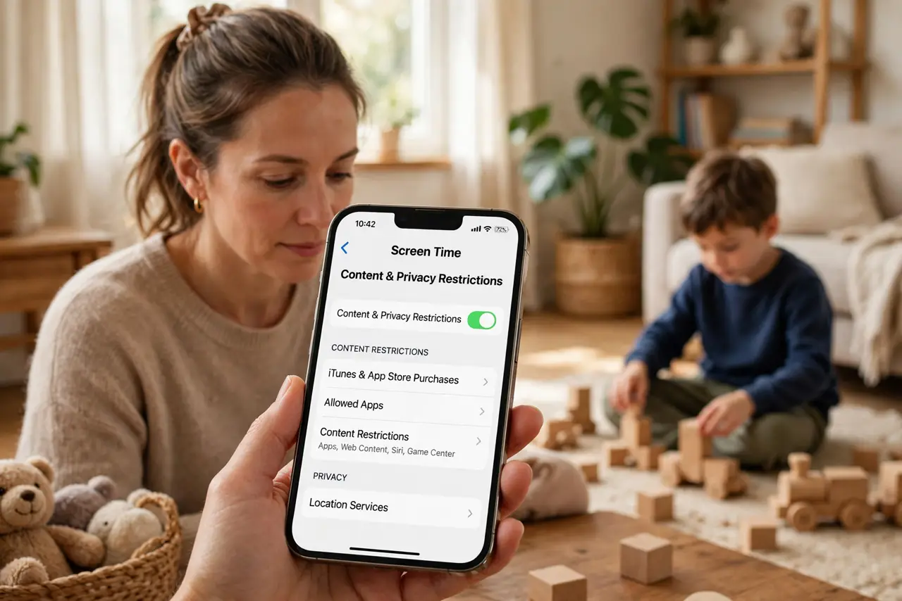 A parent setting up a real iPhone for a child, the screen showing legible Screen Time content restriction settings, the child playing nearby, warm living room, the parent's.
