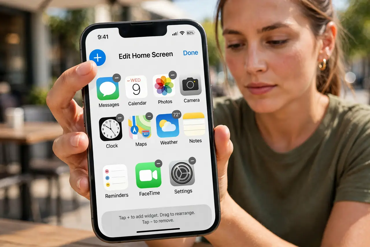 A person performing the guide's first step: Enter edit mode. Swipe down from the top-right corner, then tap the plus icon or long-press empty space. The controls start jiggling — you…