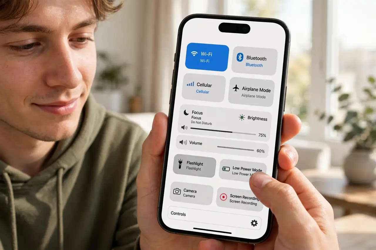 A person holding a real iPhone showing a customized Control Center with legible toggles arranged neatly, the person's thumb reaching for a control, the person's face satisfied, bright room.