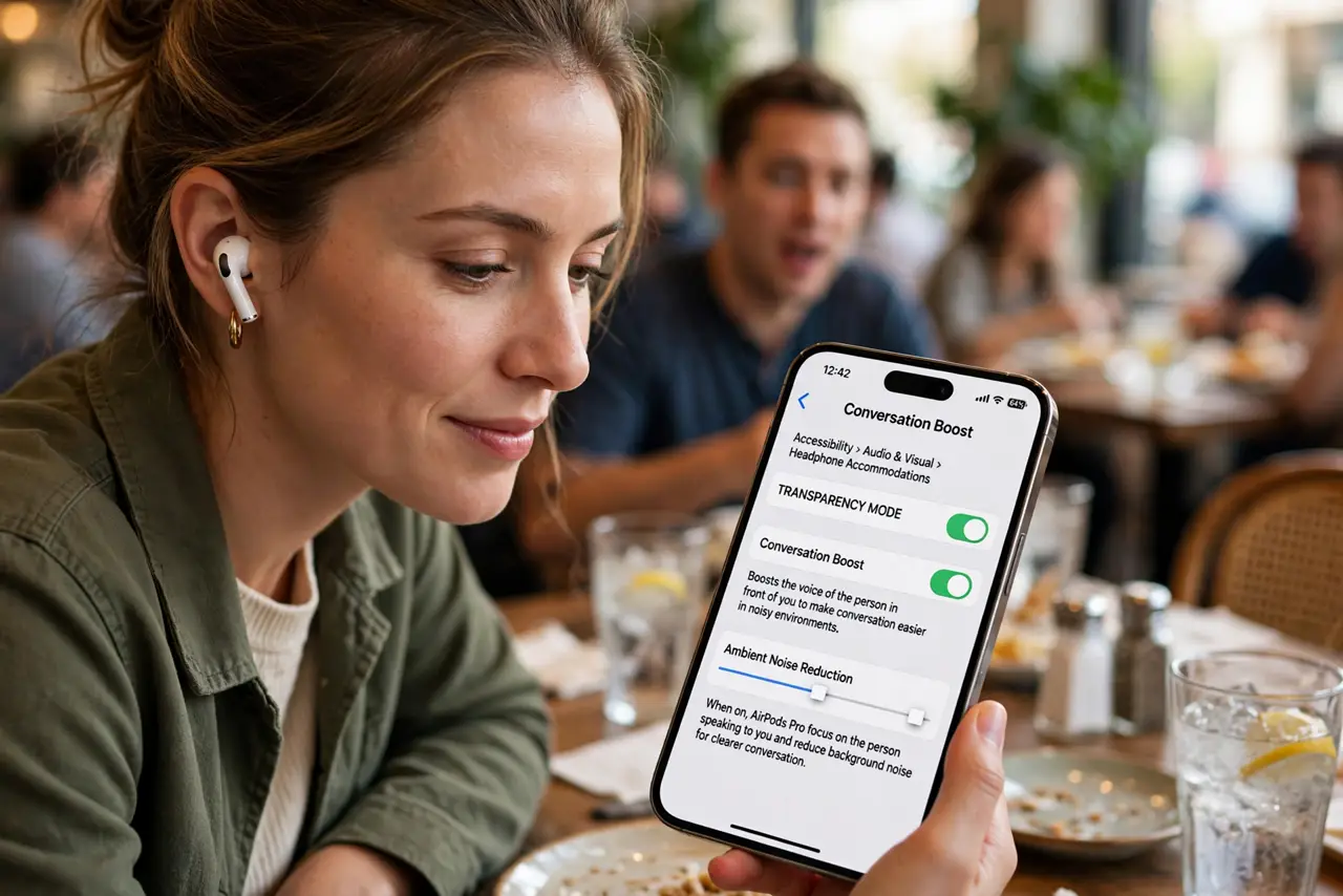 a person wearing real AirPods Pro leaning in to hear a friend talking across a noisy restaurant table, iPhone showing Conversation Boost toggle legible, the person's face relieved.