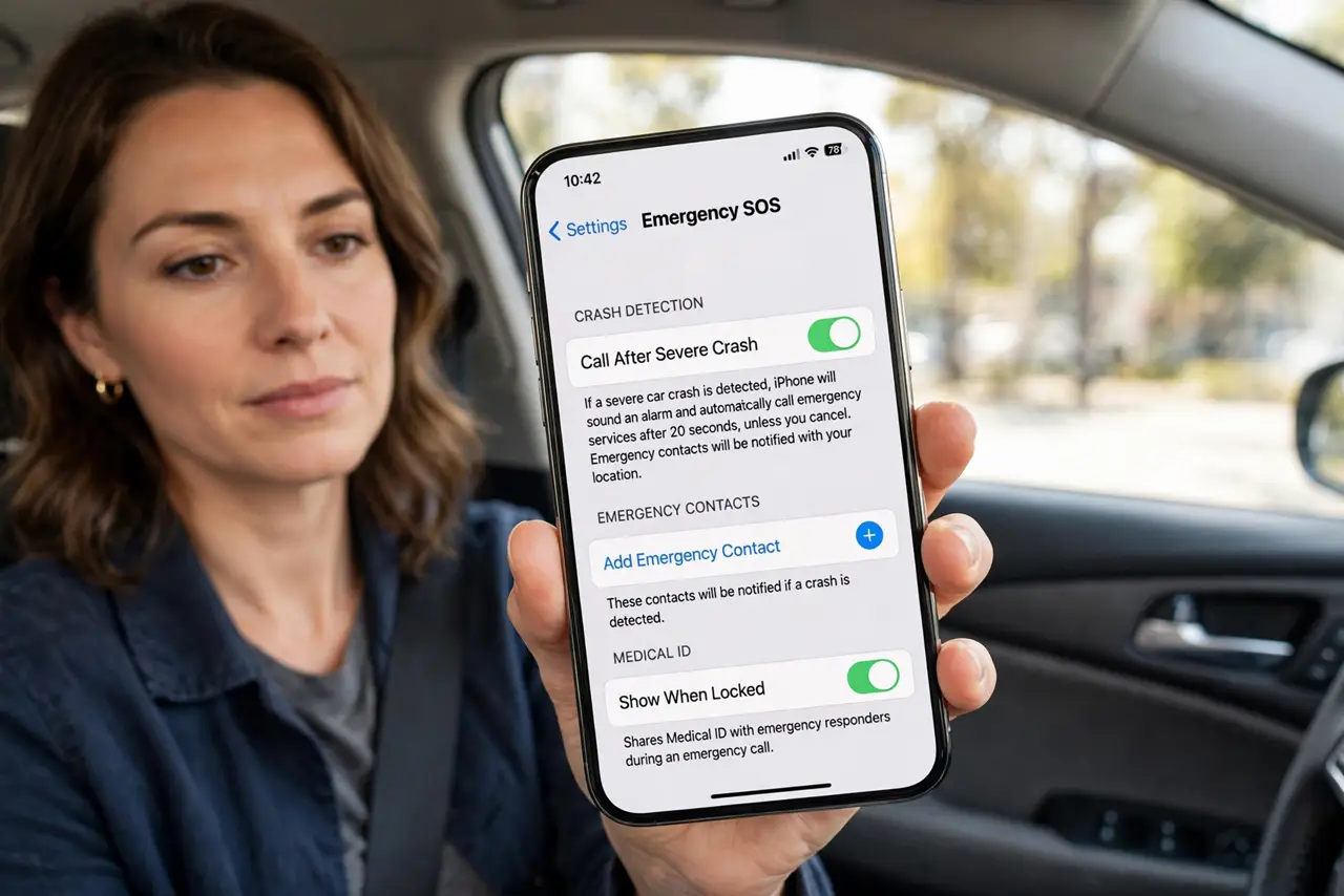 a person sitting in a parked car holding a real iPhone showing the crash detection settings screen with legible text, the person's face calm and informed, daylight.