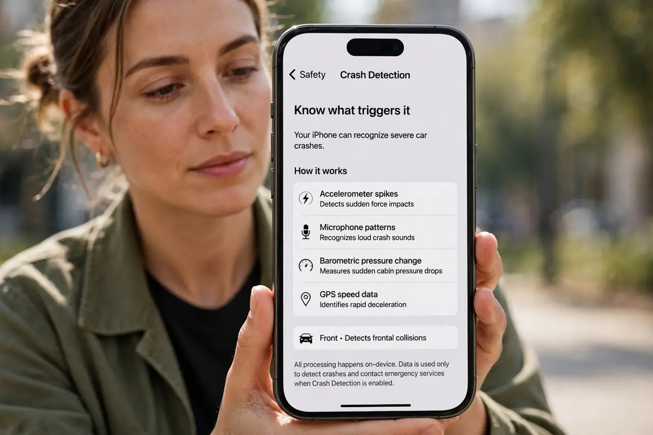 A person performing the guide's first step: Know what triggers it. The phone fuses accelerometer spikes, microphone patterns, barometric pressure change, and GPS speed data to…