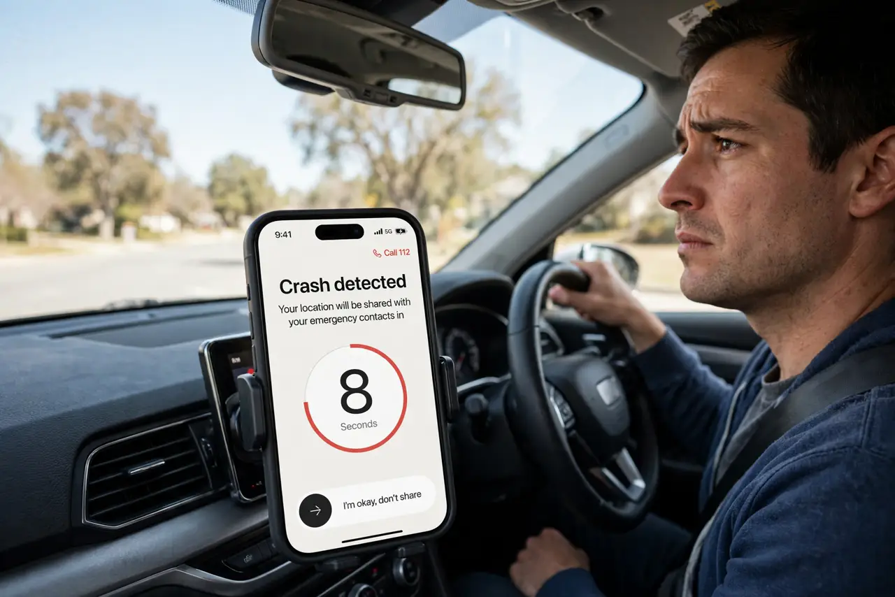 A person driving a real car with a real iPhone mounted on the dash showing the Crash Detection countdown screen with legible text, the driver alert and focused, daylight road..