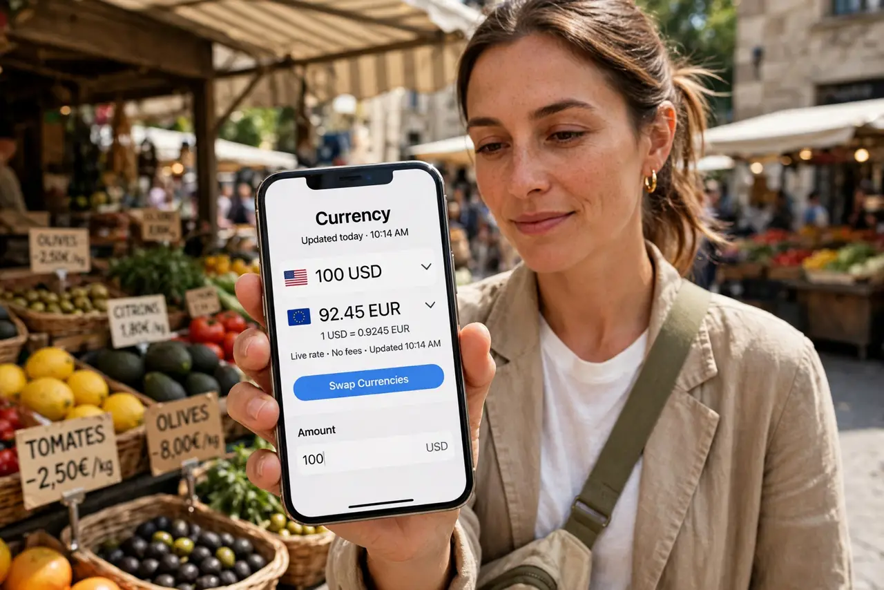 a person holding a real iPhone showing a legible currency conversion on screen, a market stall with price tags in the background, the person's face relieved,...