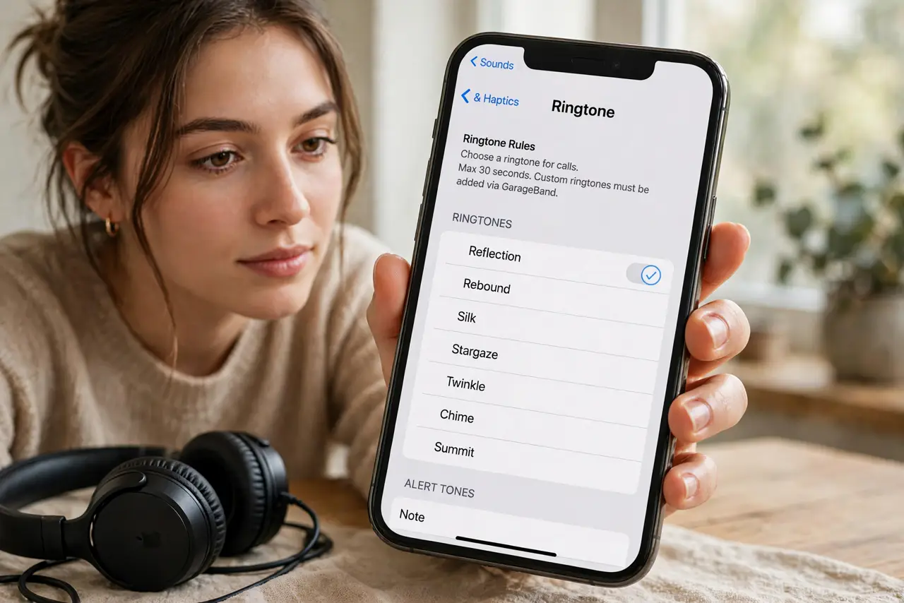 Photoreal photo of a person performing the first step: Understand the 30-second rule. iPhone ringtones must be 30 seconds or shorter in the .m4r format. Longer audio gets rejected — trim first, assign seco...