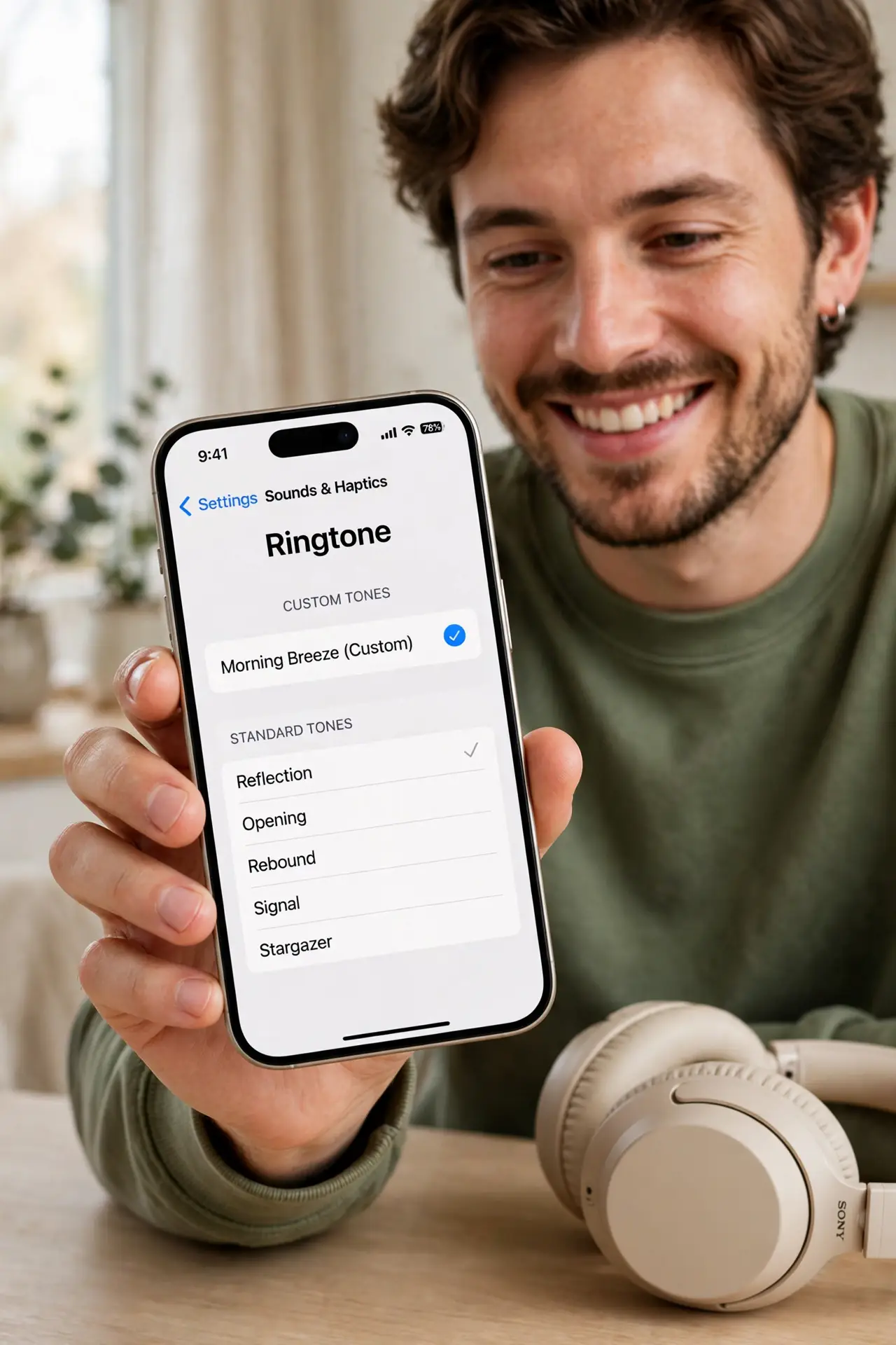 Photoreal photo: a pleased person holding a real iPhone showing the legible ringtone selection screen with a custom tone at the top of the list, headphones nearby, the person's face happy. No black screen, no blank white