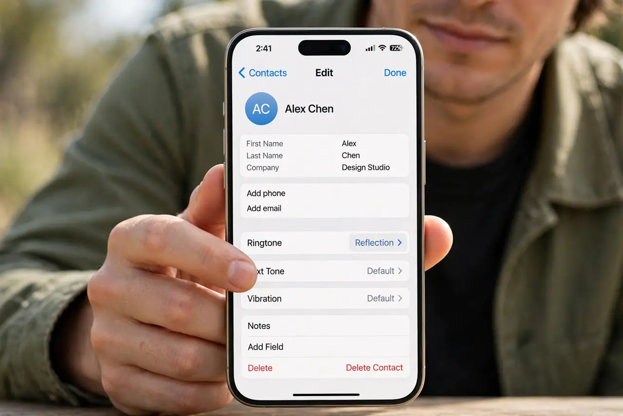 Photoreal photo of a person performing the first step: Open the contact's ringtone settings. Open the contact, tap Edit, then tap Ringtone. The Vibration row at the top controls the buzz pattern for this c...