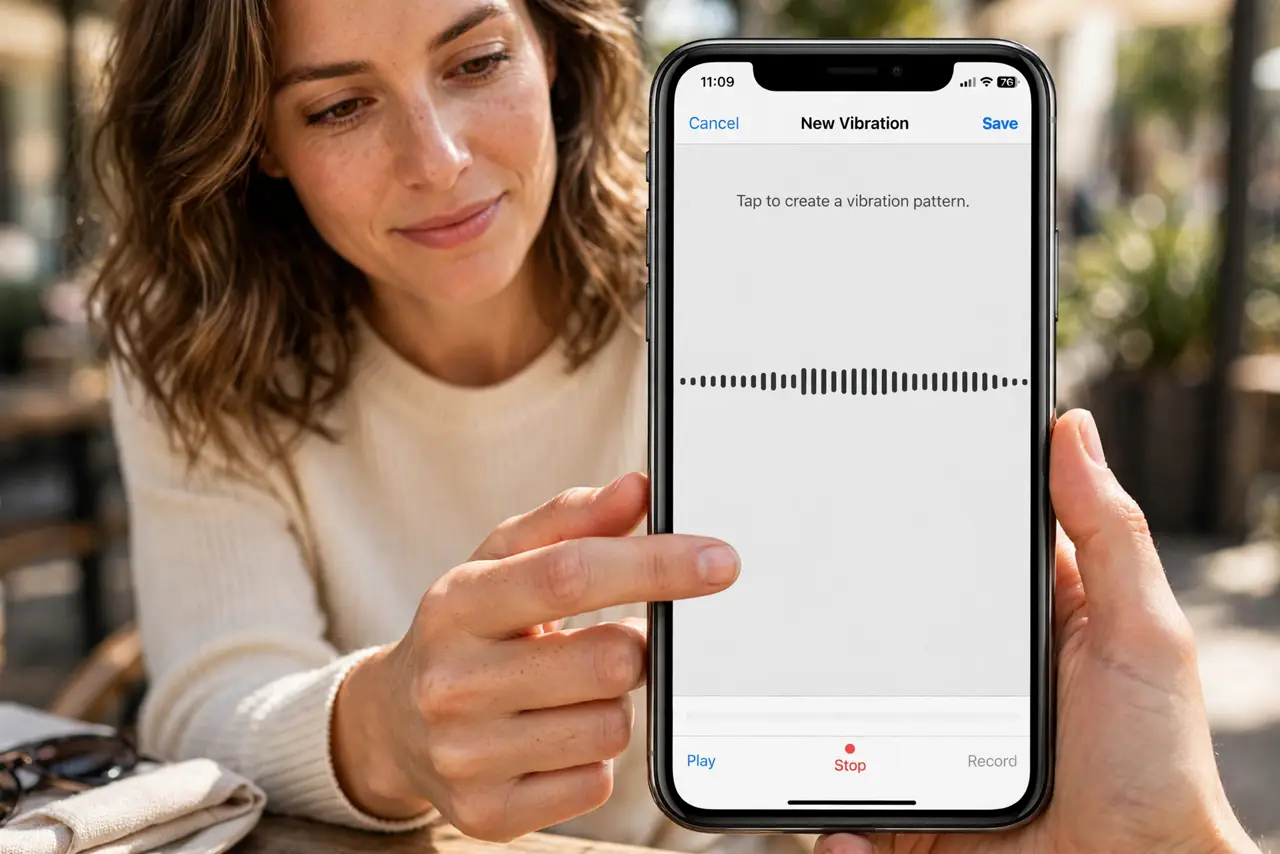 Photoreal photo: a calm person holding a real iPhone showing the legible vibration pattern creation screen, tapping out a rhythm, the person's face focused and slightly amused. No black screen, no blank white screen, no