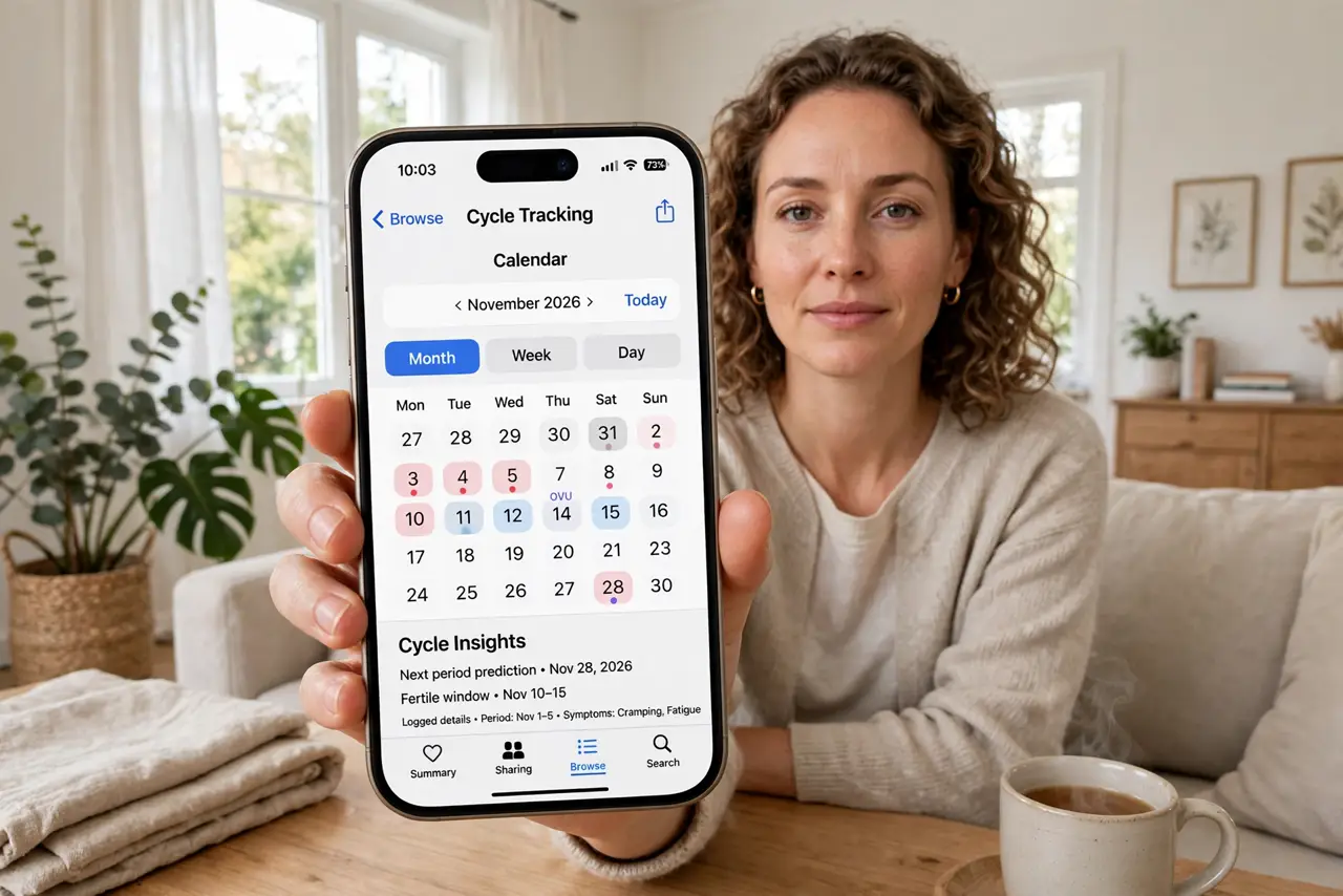 A woman holding an iPhone showing the Cycle Tracking calendar with dates legible, sitting in a bright living room, her face calm and informed.