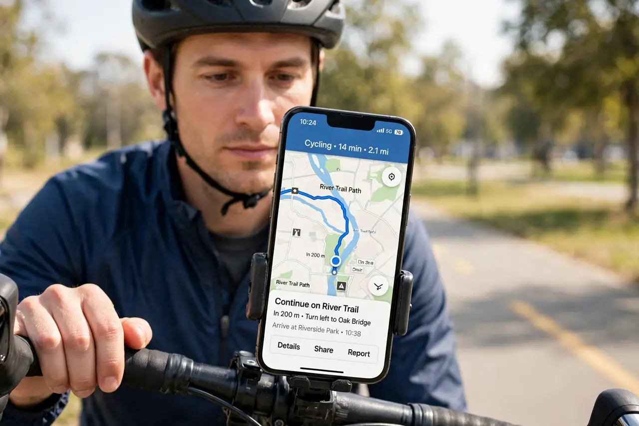 a person holding a real iPhone mounted on bicycle handlebars showing cycling directions with a legible route on screen, the person wearing a helmet, bright d...