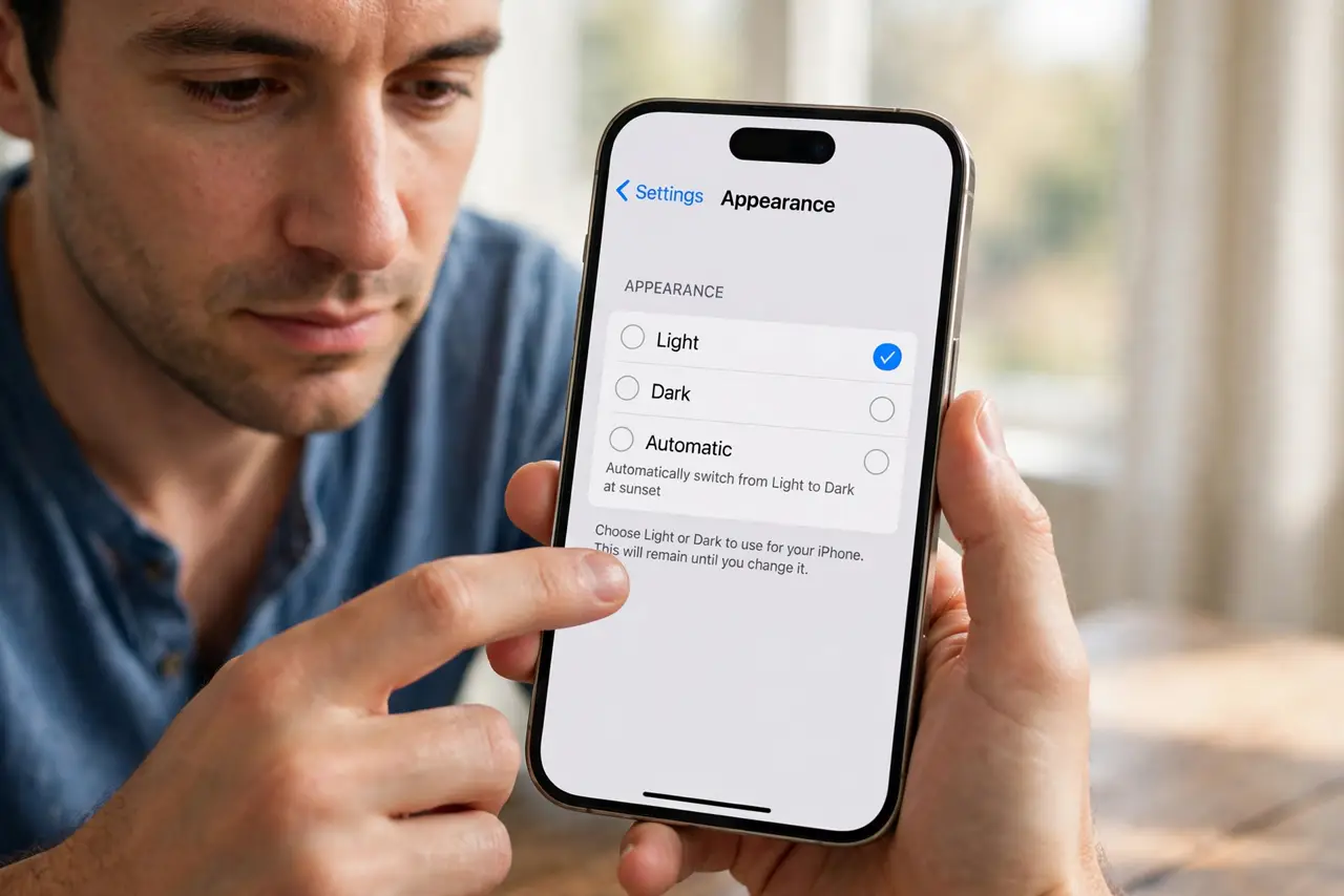 Person performing step 1: Set Appearance by hand. Open Settings, then Display and Brightness, and tap Light or Dark under Appearance. Choosing one by hand stops...