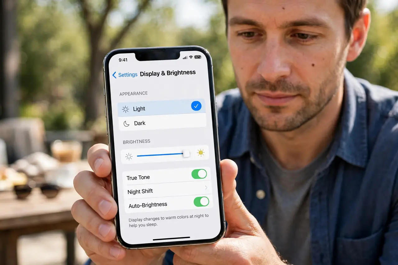 Photorealistic photo: A calm adult holding a real iPhone, the real Display and Brightness settings screen visible complete and legible with Light and Dark options shown, the person looking at the phone calmly.