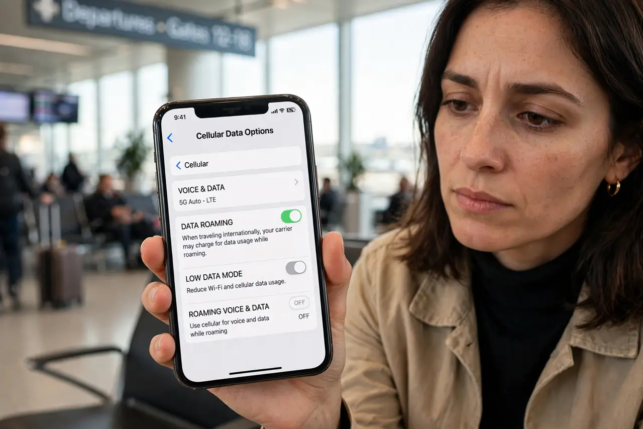 A person at an airport holding a real iPhone showing the legible Cellular Data Options screen with Data Roaming toggle, the person's face thoughtful, airport…