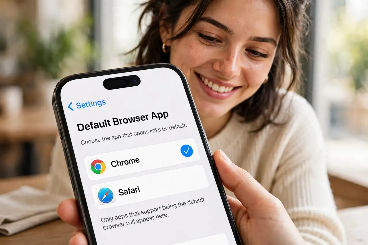 A person selecting Chrome as the default browser in iPhone Settings on a real iPhone, the Default Browser App screen fully legible, the person's face satisfied.
