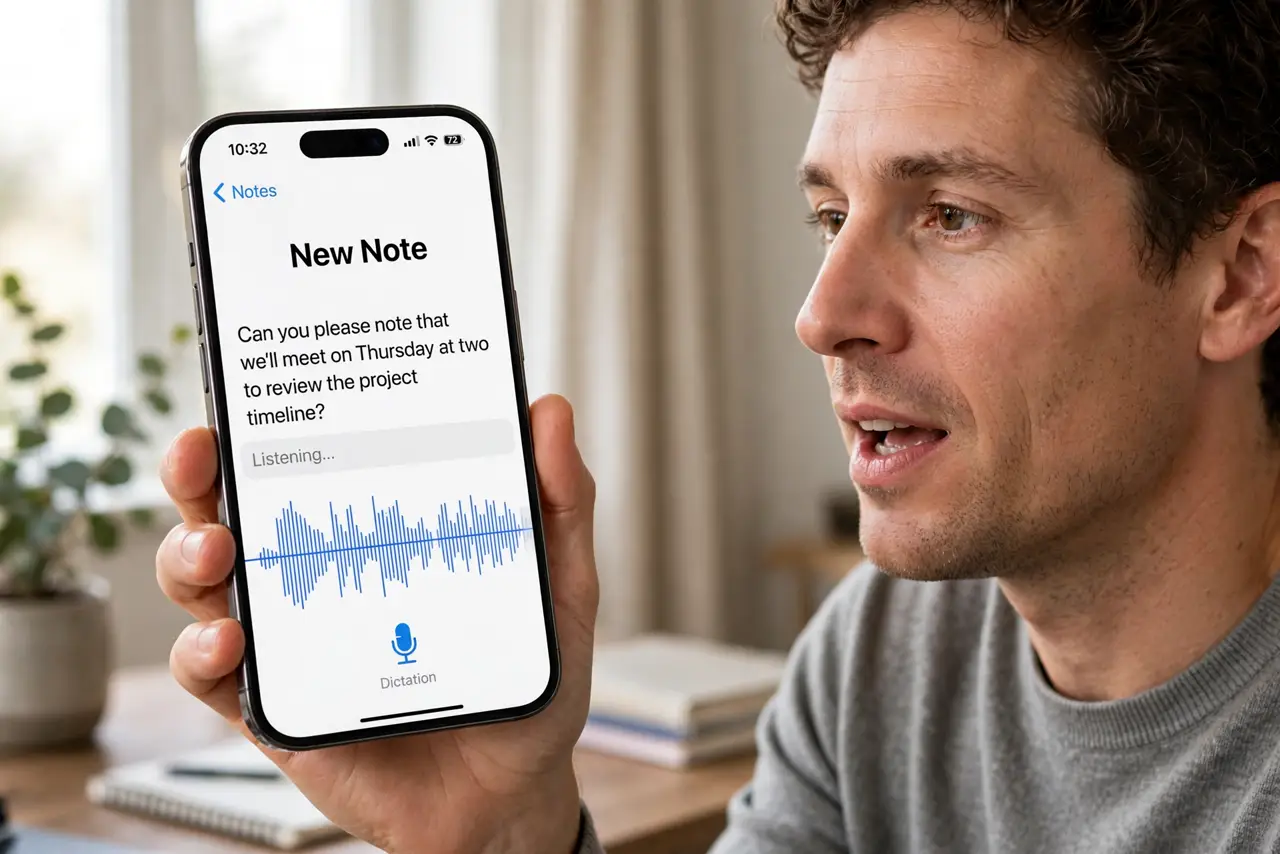 Dictation Sends Before You Finish — a calm adult speaking into a real iPhone showing the dictation microphone screen with partially transcribed te