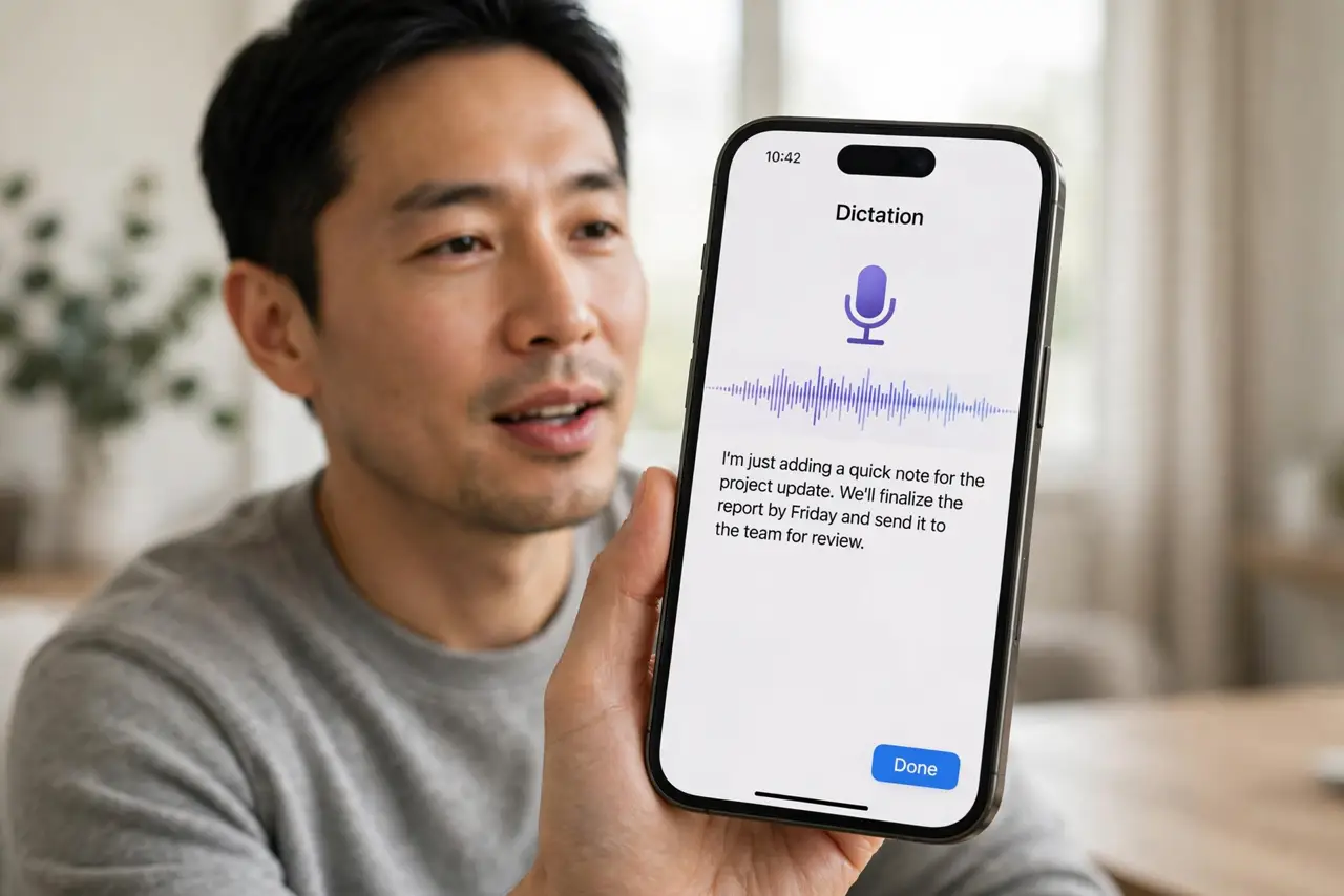 a relaxed adult holding a real iPhone near their mouth, dictation text visible on the real screen complete and legible, the person speaking calmly in a quiet room.