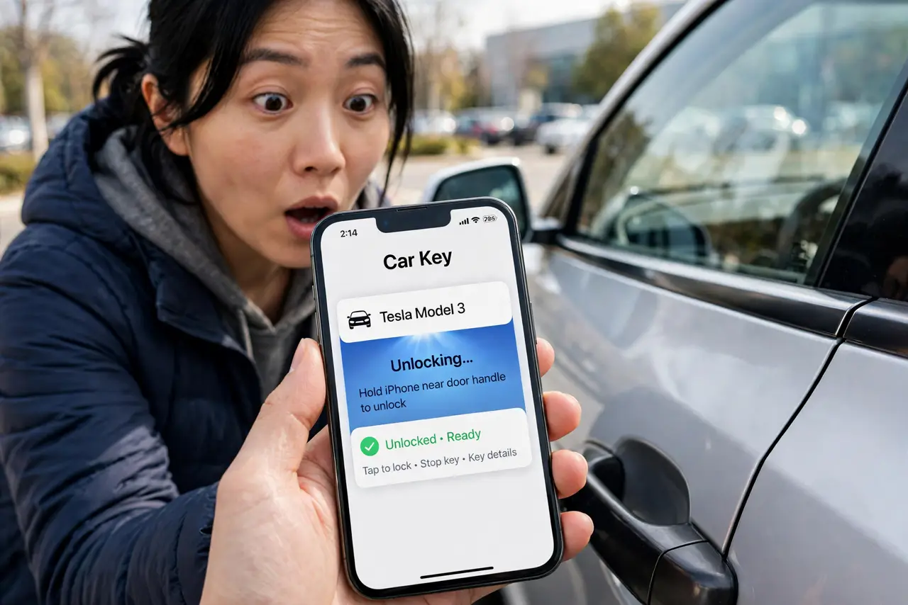A person unlocking a real car by holding a real iPhone near the door handle, the digital car key visible with legible text on screen, the person's face…