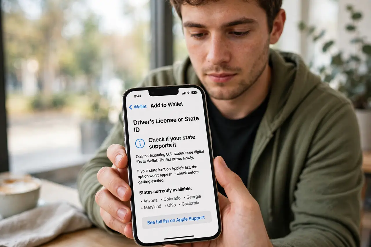 A person performing the first step of the guide: Check your state supports it. Only participating US states issue digital IDs to Wallet, and the list grows.