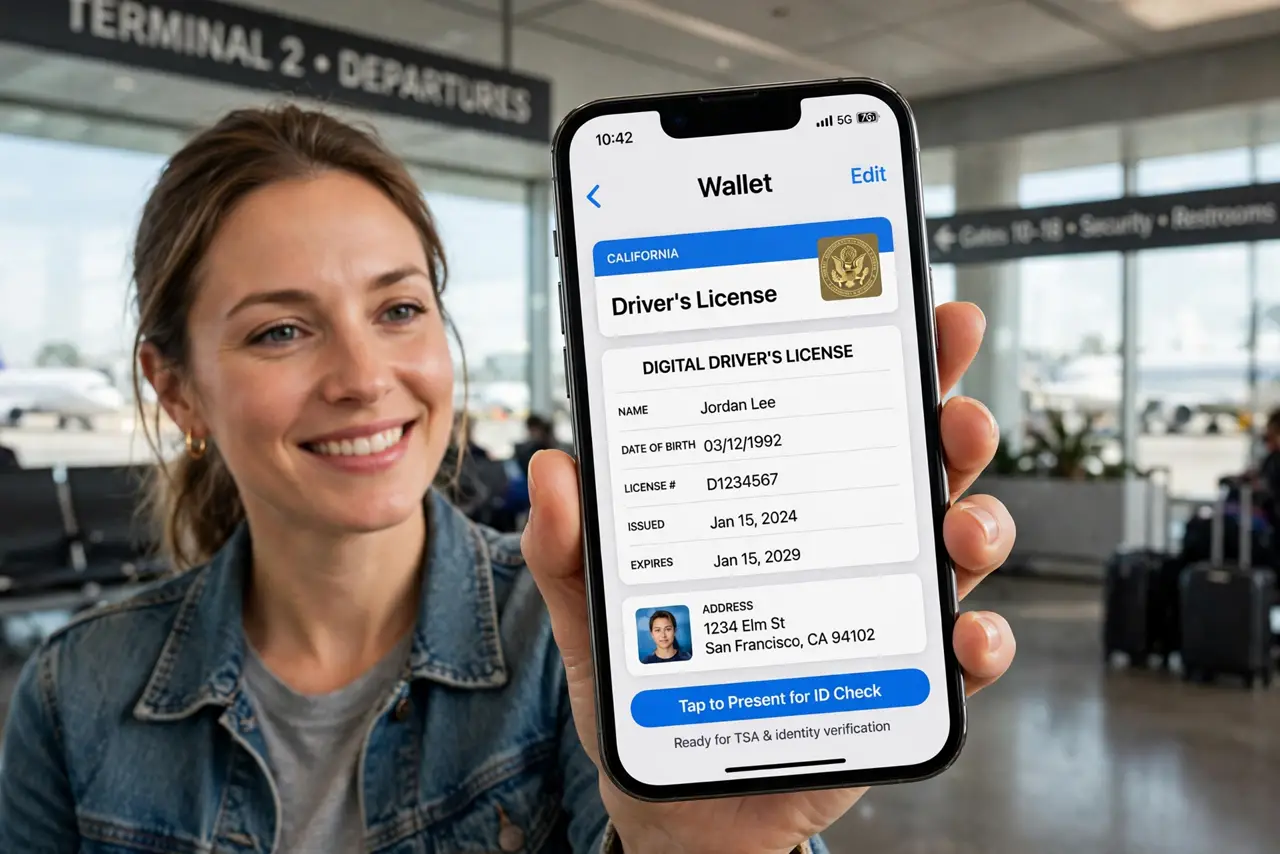 A person holding a real iPhone showing Apple Wallet with a digital driver's license card with legible text, the person's face pleased, airport.