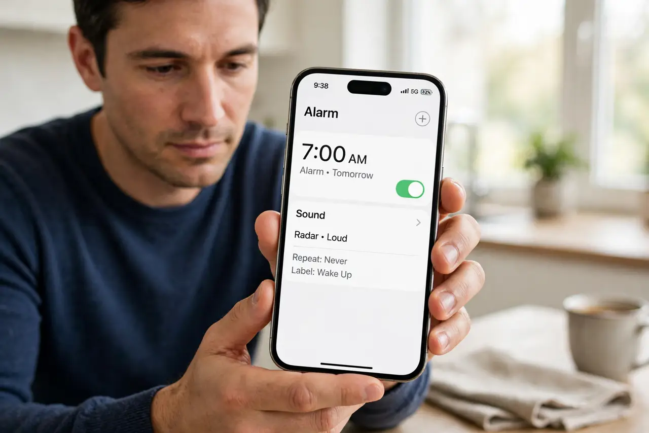 Person performing step 1: Confirm the alarm is on and has a sound. Open Clock, then Alarms, and check the alarm is toggled on with a sound chosen, not None. An...