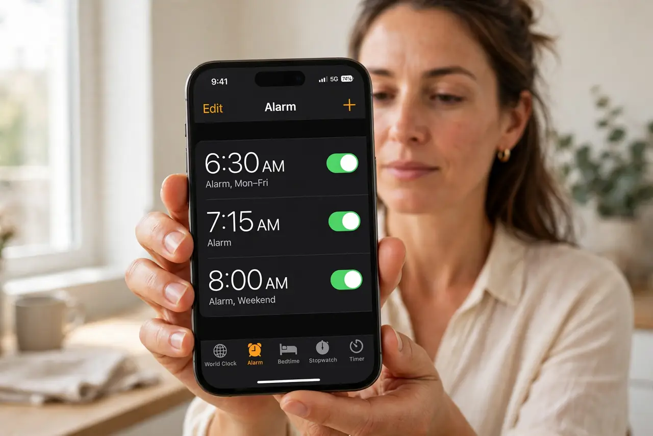 Photorealistic photo: A calm adult holding an iPhone toward the viewer, the real iPhone screen showing the Clock app Alarms list with an alarm toggle on and time legible.