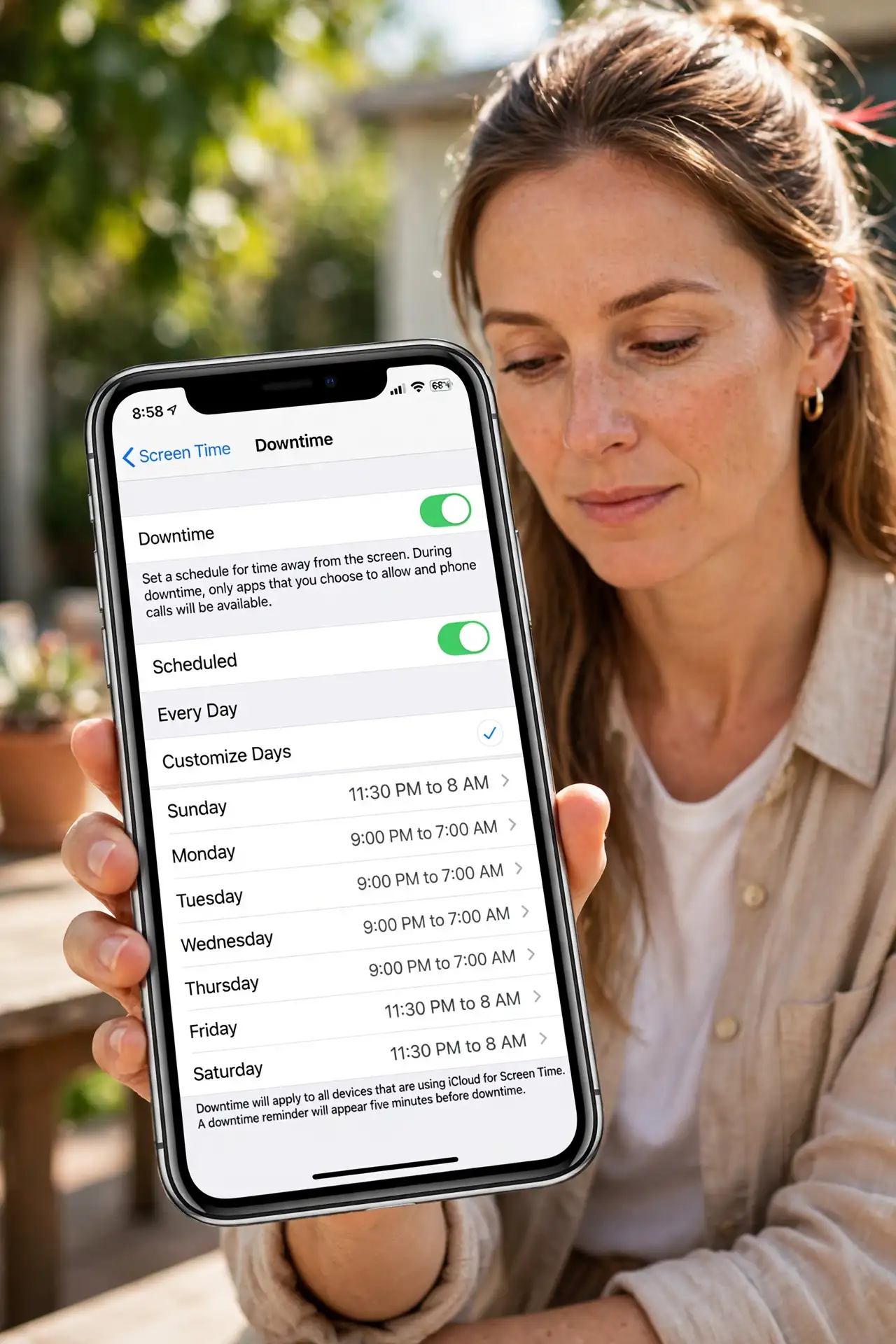 A person performing step 1: Open Downtime settings. On the child's iPhone, go to Settings, Screen Time, then Downtime, and turn it on. Thi.