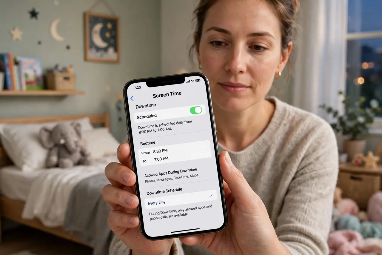 A parent setting a real iPhone's downtime schedule, the screen showing a legible Screen Time downtime page with bedtime hours, a kid's bedroom calm in the background, evening,.