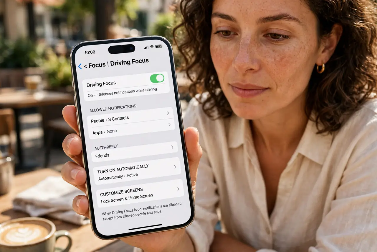 A person calmly performing the guide's first step: Open Driving Focus settings.