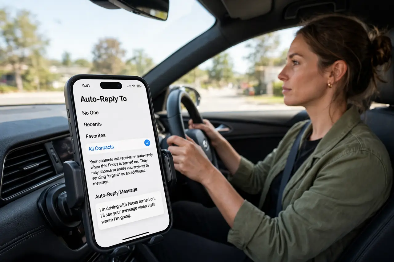 a person driving a real car with both hands on the wheel, a real iPhone mounted on the dashboard showing the Driving Focus auto-reply screen, daylight, the driver focused on the ro.