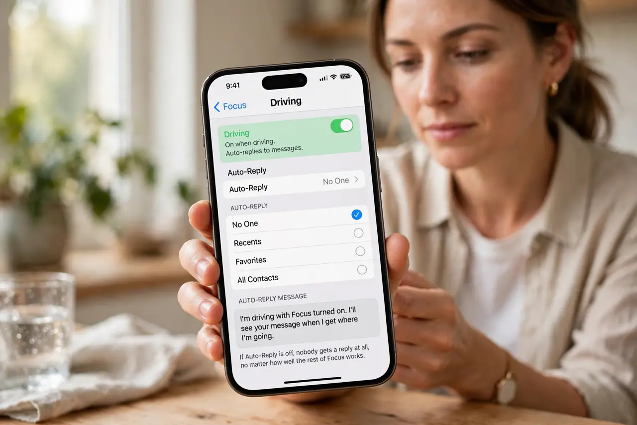 Driving Focus Auto-Reply Never Sends — step 1 being performed on the device.