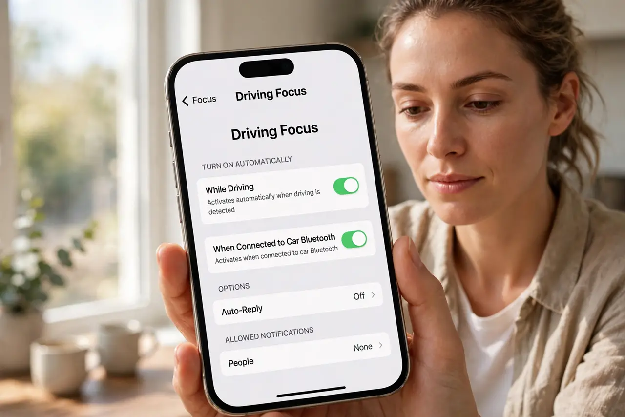 A person performing the first step of the guide: Turn on Driving Focus. Go to Settings, Focus, tap the plus if Driving is not listed, and add it. Set Activate.
