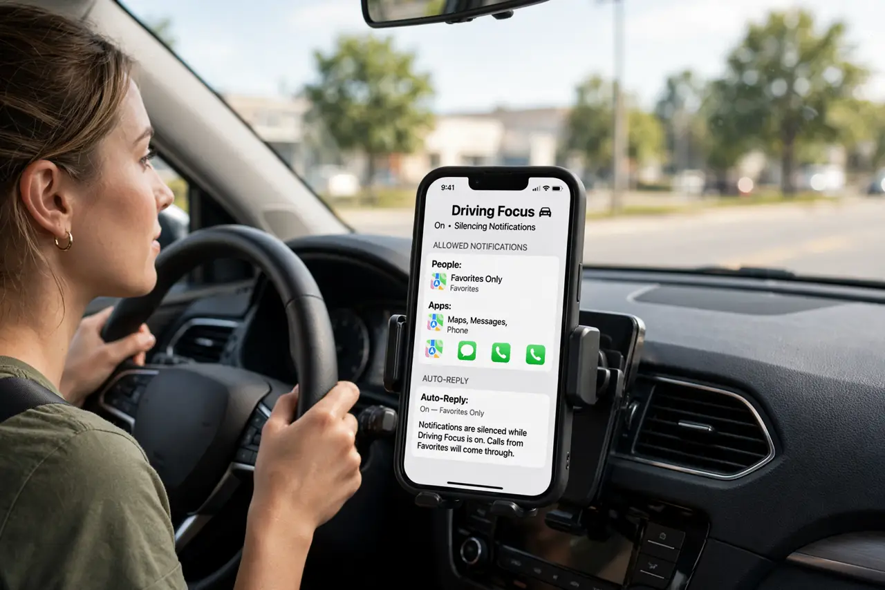 A person driving with a real iPhone mounted on the dashboard showing the Driving Focus screen with legible text, the driver's eyes on the road, hands.