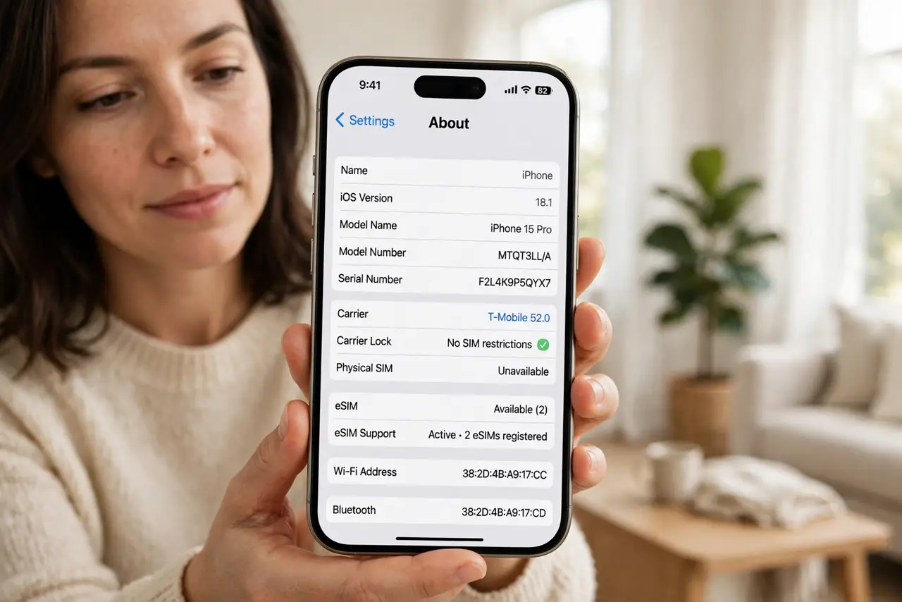 Photoreal photo of a person performing the first step: Confirm your iPhone and carrier support eSIM. iPhone XS and later support eSIM, and newer US mo