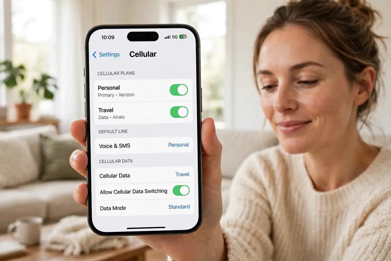 Photoreal photo: a person holding a real iPhone showing the Settings cellular screen with two legible eSIM lines listed, the person's face calm and satisfied, bright living room. No black screen, no blank white screen, no fake or garb