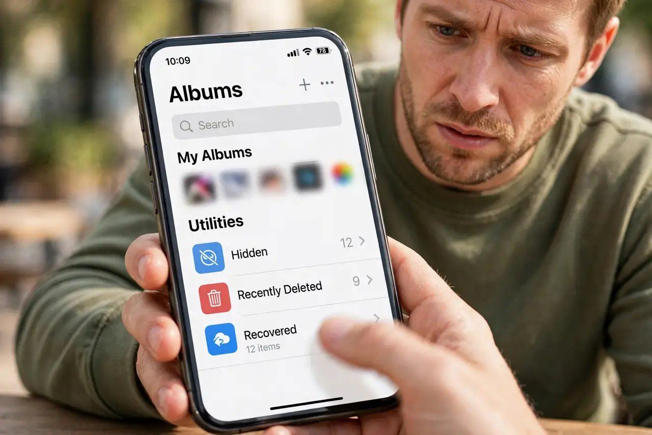 Can't Find Duplicate Photo Merge — a puzzled adult scrolling the iPhone Photos app looking for the missing Duplicates album with fully legible in