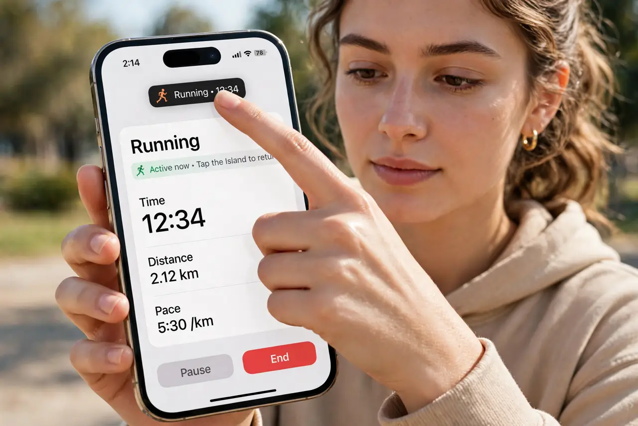 A person calmly performing the guide's first step: Tap the Island to jump to the running app.