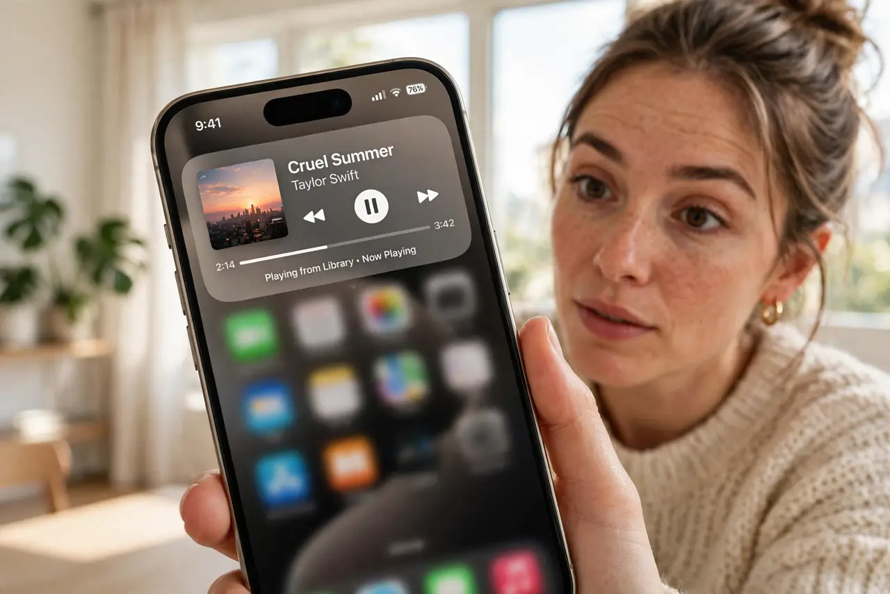 a person holding a real iPhone showing the Dynamic Island expanded with a legible music player, the person's face curious, bright room. No black screen, no blank white screen, no f.