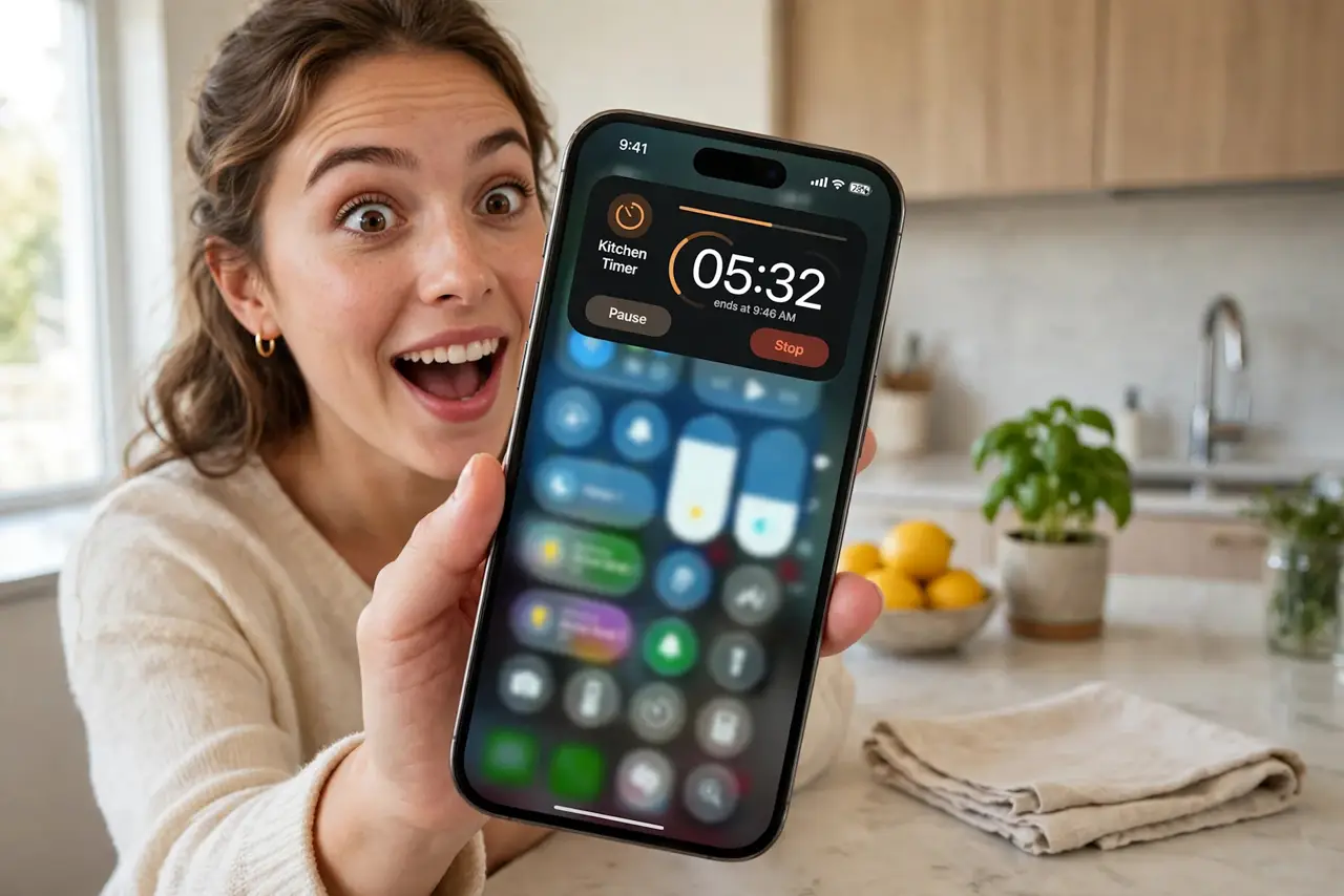 A person holding a real iPhone showing the Dynamic Island expanded with a live timer fully legible, the person's face pleasantly surprised, in a kitchen.