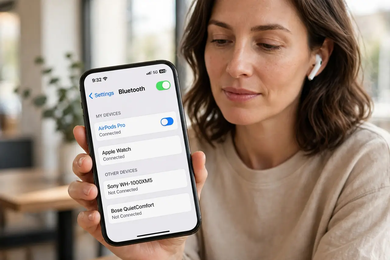 a relaxed adult holding a real iPhone and wearing real earbuds, Bluetooth settings visible on the real screen complete and legible, the person listening calmly.