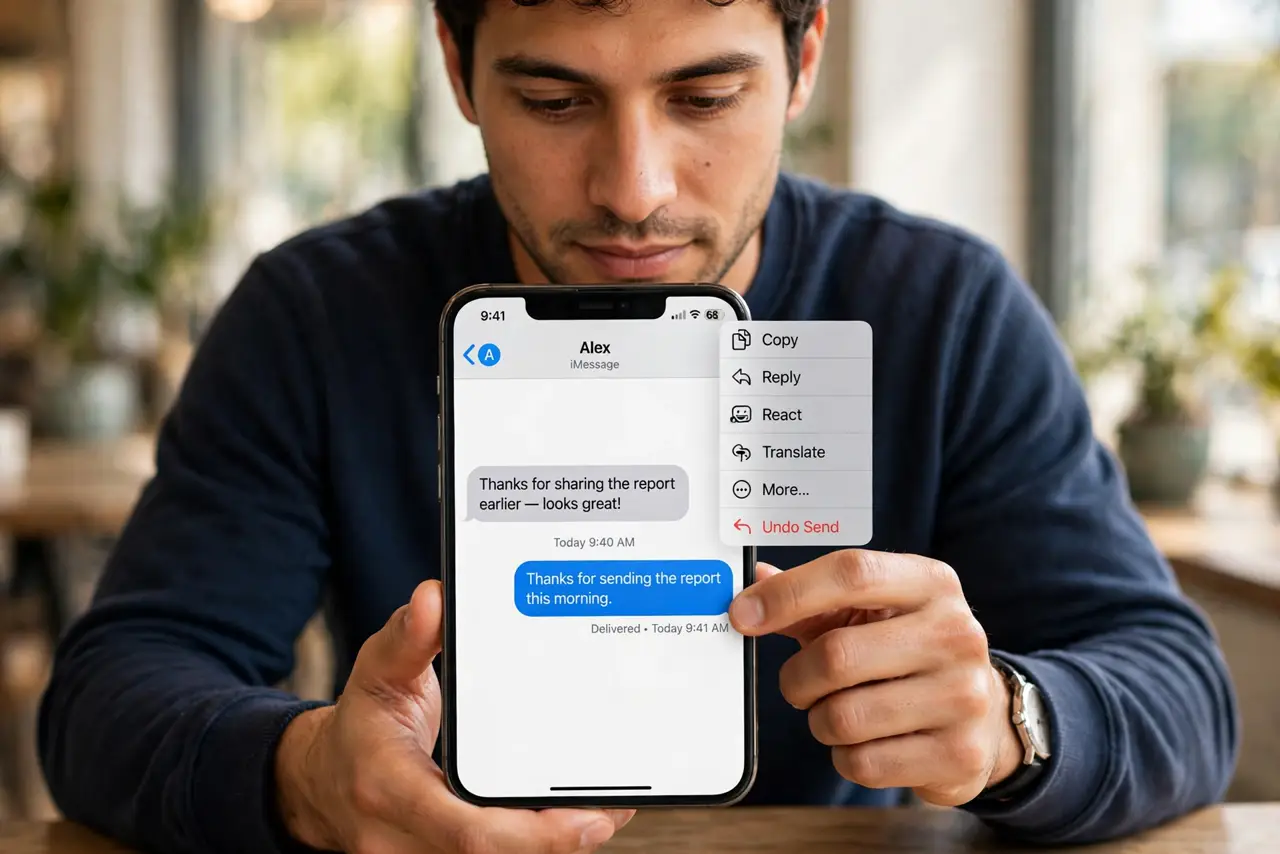 A person calmly performing the guide's first step: Long-press the sent bubble.
