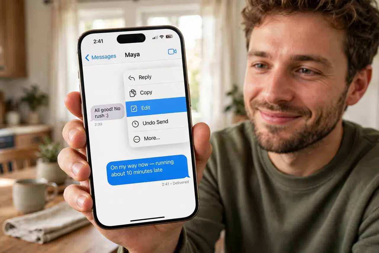 a person holding a real iPhone showing the edit option on a just-sent message bubble, the person's face relieved, home setting. No black screen, no blank white screen, no fake or g.
