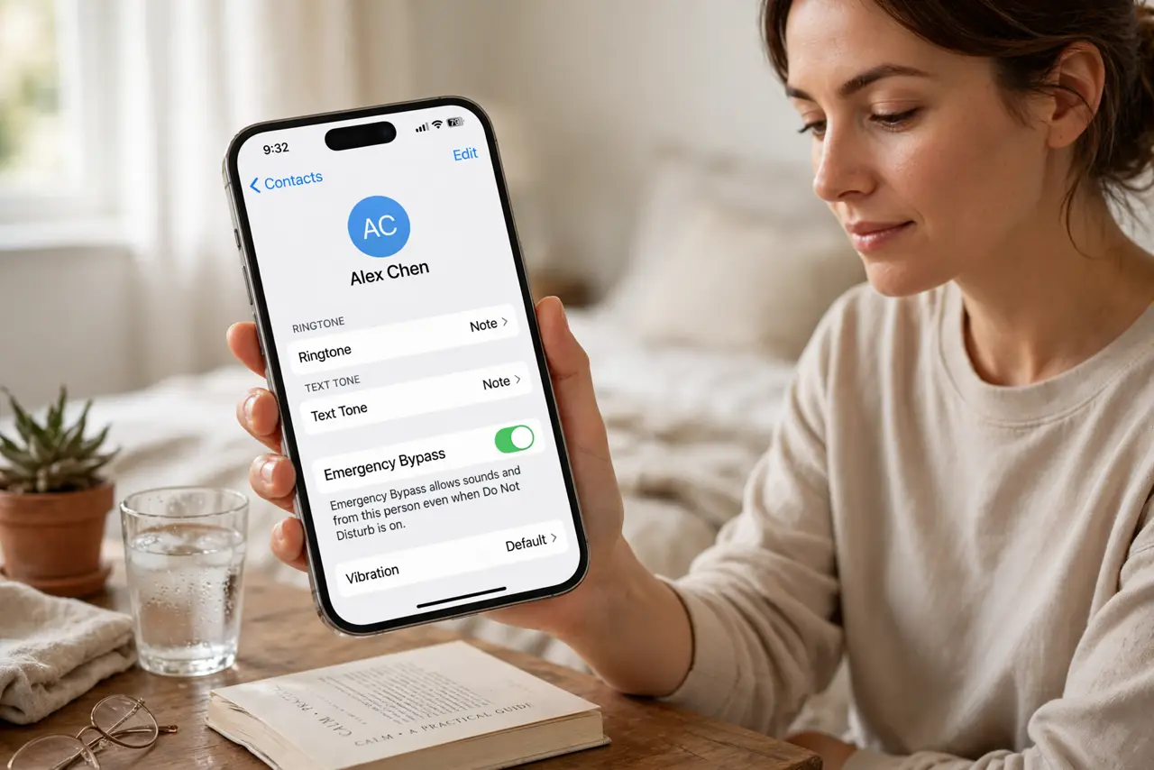 Photoreal photo of a person performing the first step: Understand what it bypasses. Emergency Bypass punches through silent mode, Do Not Disturb, and any Focus for one contact's calls and texts. Everything...