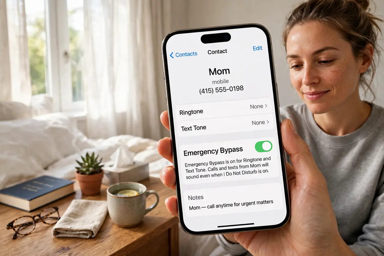 Photoreal photo: a calm person at a bedside table at night, a real iPhone showing a legible contact screen with Emergency Bypass toggled on, the person's face reassured. No black screen, no blank white screen, no fake or