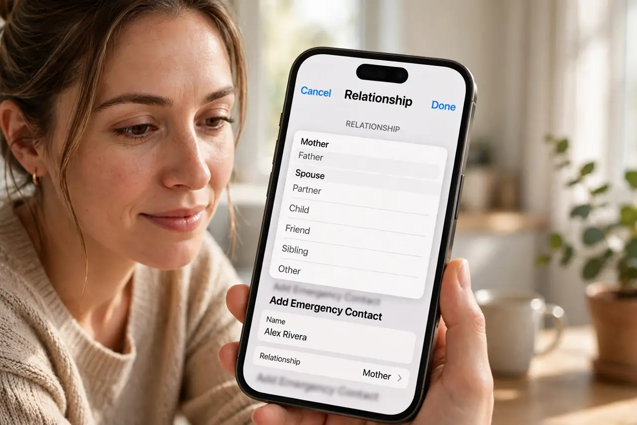 A person adding an emergency contact on a real iPhone with the relationship label picker fully legible, the person's face caring, at home.