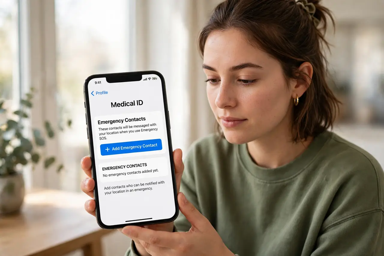 A person performing the first step of the guide: Add emergency contacts first.