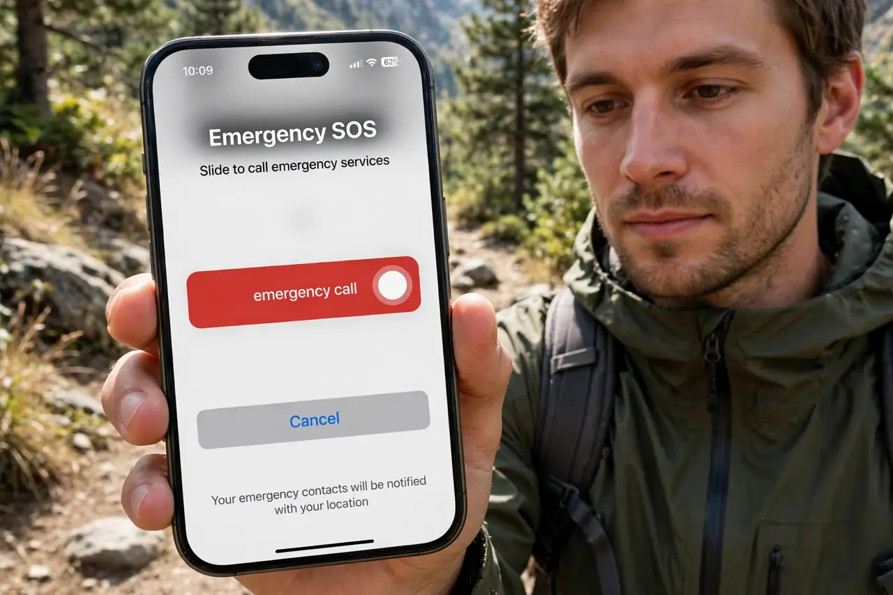 a person holding a real iPhone outdoors on a trail, the screen showing the Emergency SOS slider screen with legible text, the person's face calm and prepared, daylight.