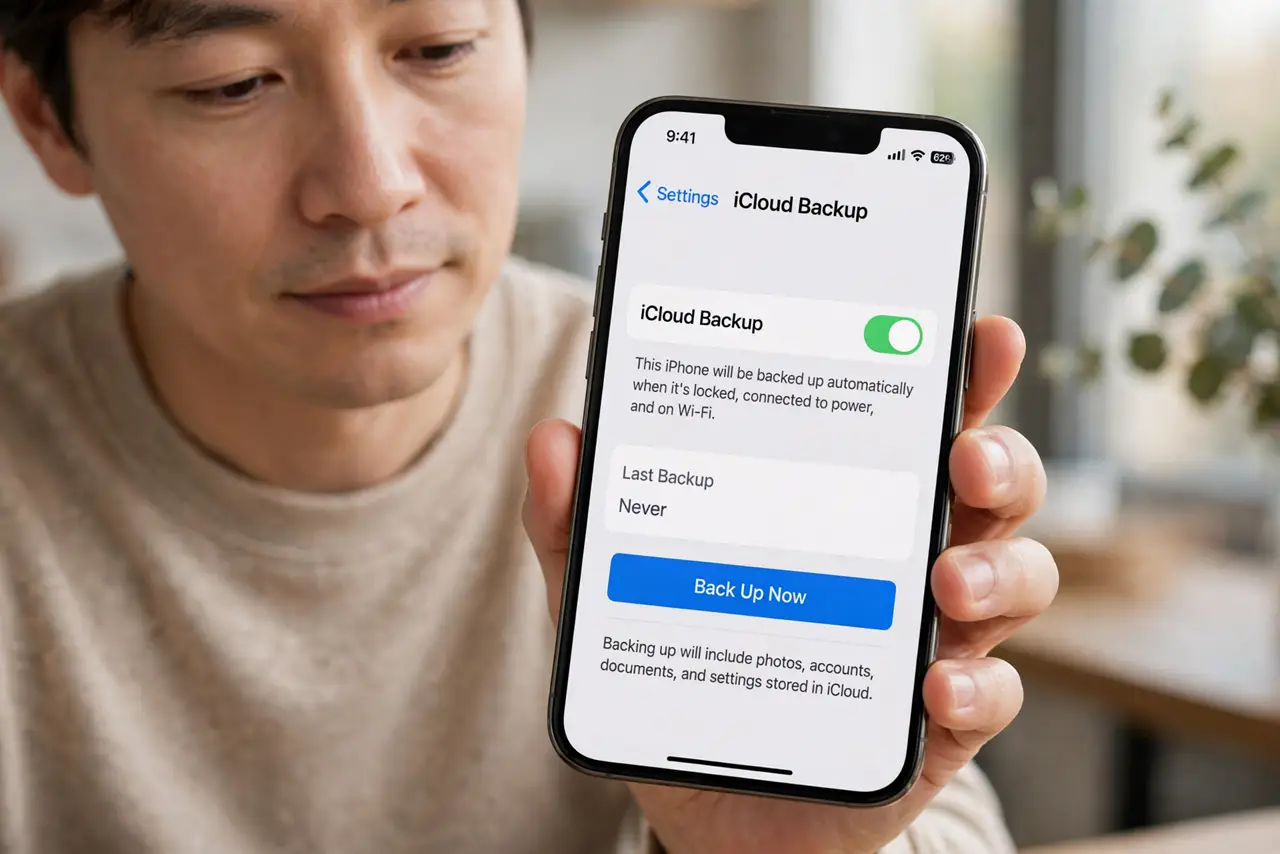 Photoreal photo of a person performing the first step: Back up before you erase. Run a fresh iCloud or computer backup and confirm its date before touching anything. Erasing is one-way — without a current ...