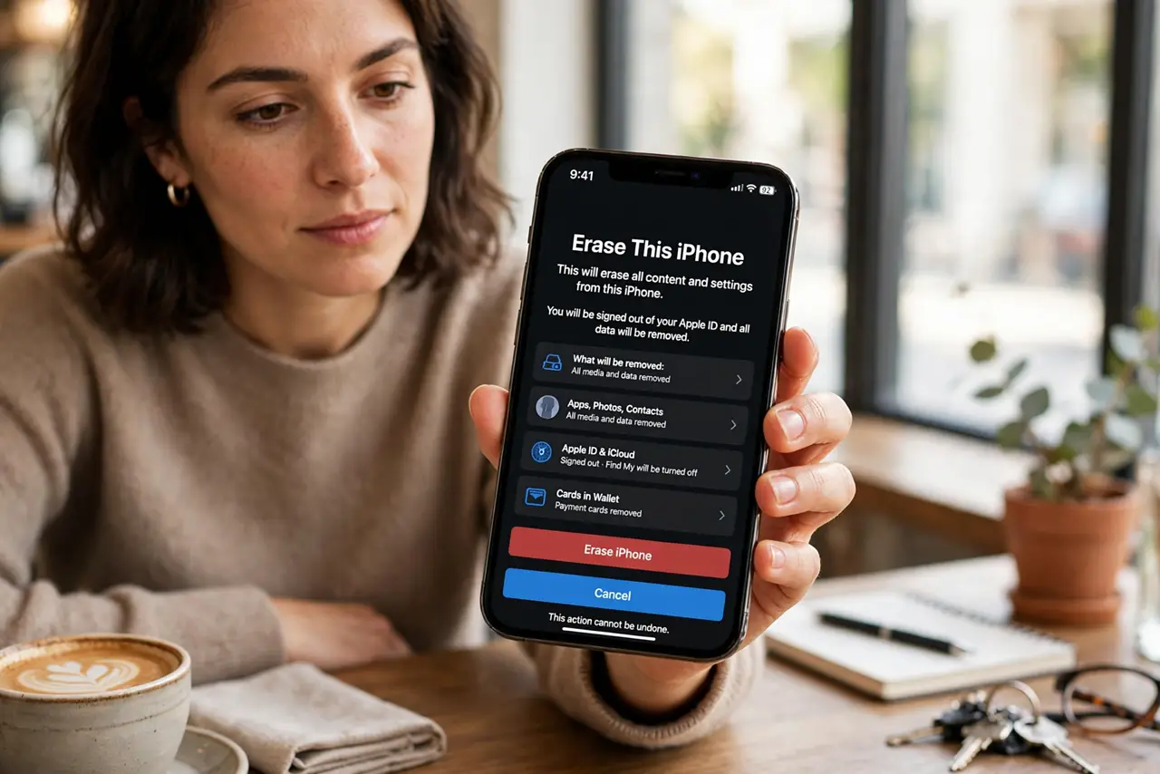 Photoreal photo: a serious person at a table holding a real iPhone showing the legible Erase All Content and Settings confirmation screen, the person's face careful and deliberate. No black screen, no blank white screen,