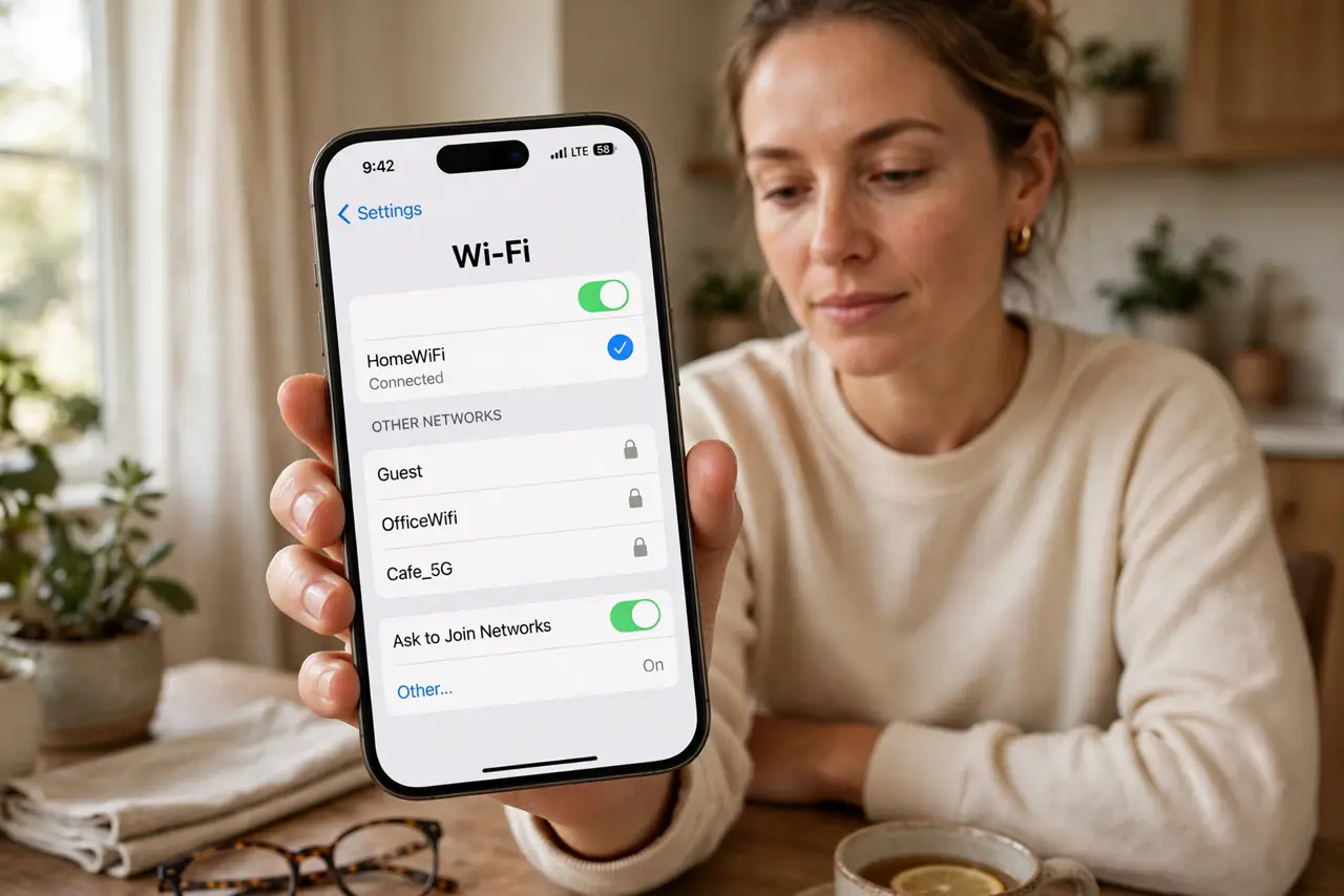 Photoreal photo of a person performing the first step: Connect to Wi-Fi first. eSIM activation downloads a profile from the carrier — it needs internet. Do this on Wi-Fi before you need the cellular line, ...