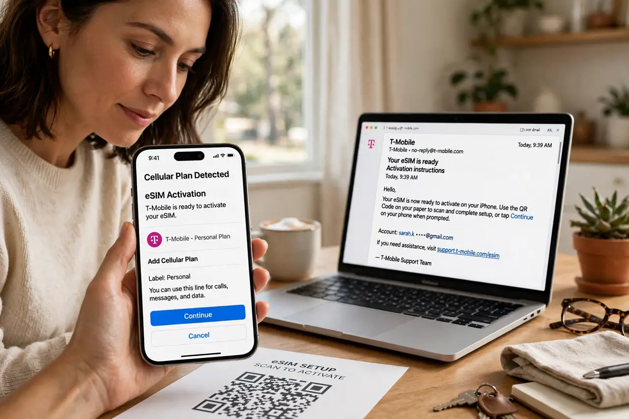 Photoreal photo: a person scanning a QR code with a real iPhone, the screen showing the eSIM activation prompt with legible text, a carrier email visible on a laptop nearby, the person's face focused, home interior. No b